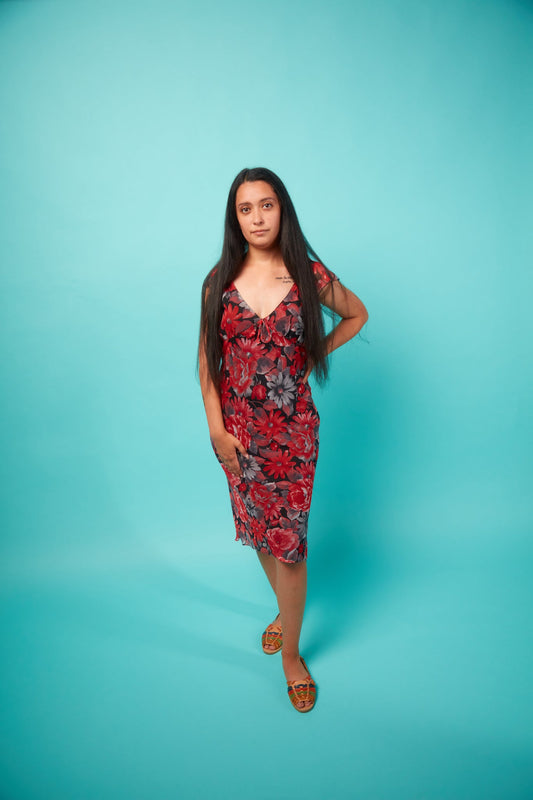Red and Black Floral Dress - VinCo Apparel